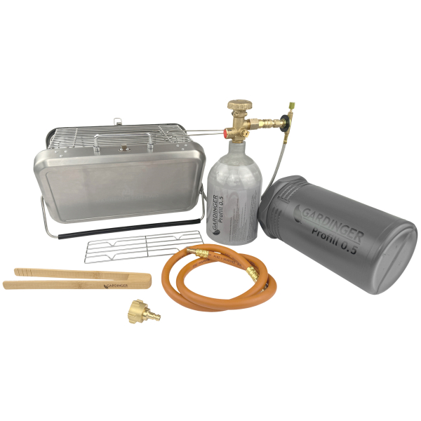 BBQ 42 kleinster Koffergasgrill + Profill Set Propanflasche 0,5kg im SET von HUW24
