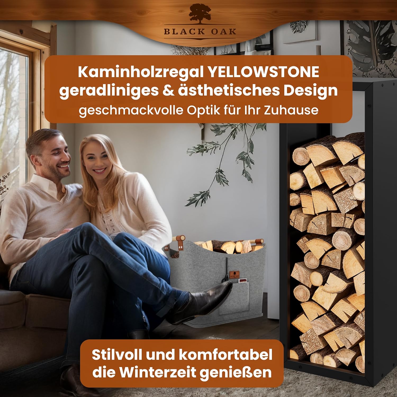 BLACK OAK Kaminholzregal Yellowstone schwarz matt bis 200kg - 113 × 38 × 35 cm von BLACK OAK