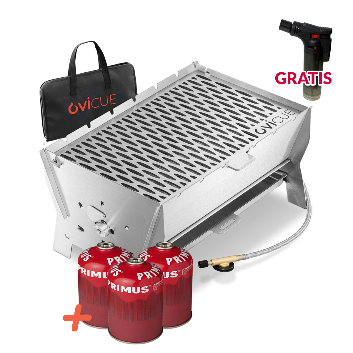 Ovicue L Kompaktgrill Set - Mobiler Gasgrill mit 3,5 kW Leistung und 3 PRIMUS 450g Gaskartuschen von Ovibell