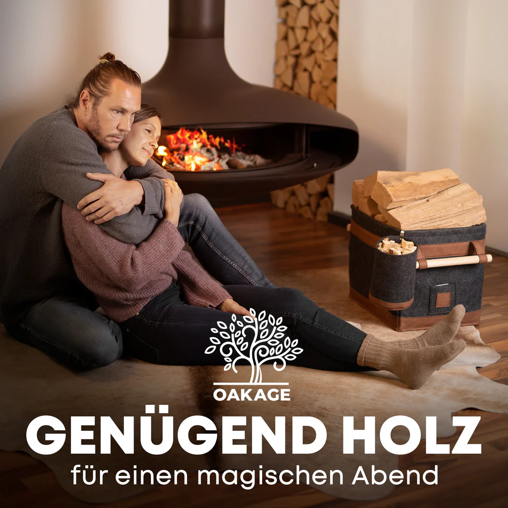 OAKAGE FireMaster Duo Holzkorb Dunkelgrau Filz / Veganes Leder - Einhängbarer Zündholzkorb - 42x32x35cm von OAKAGE