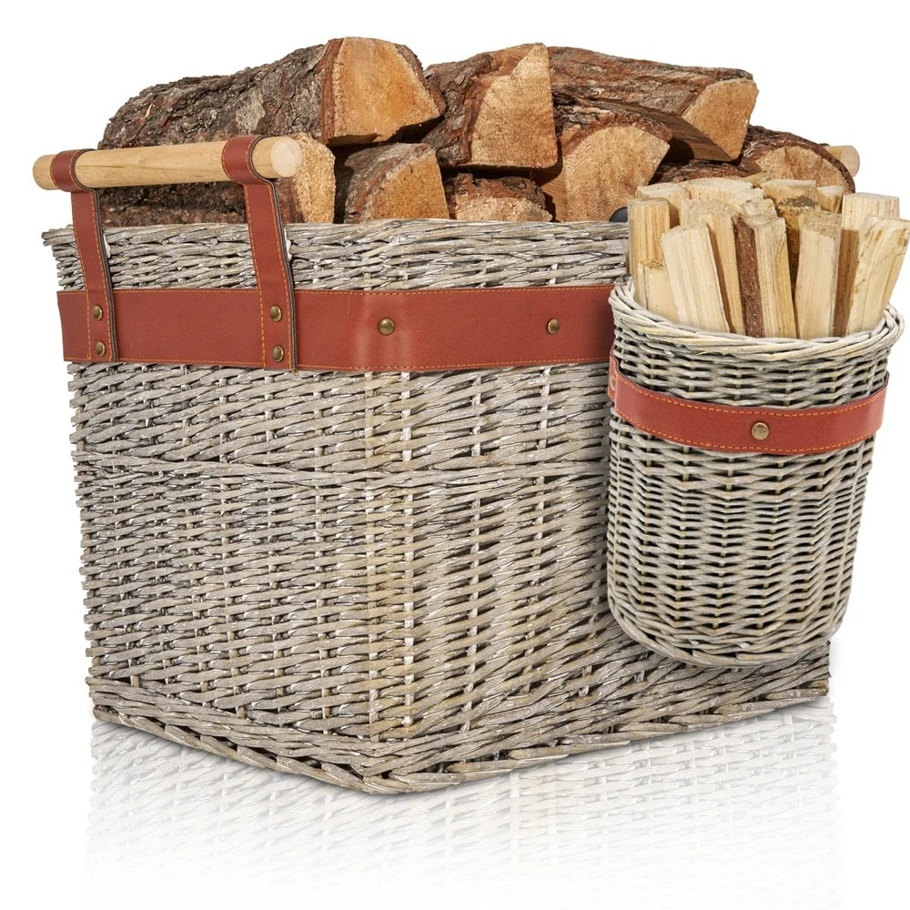 OAKAGE WillowWrap Holzkorb inkl. Zündholzkorb Weide - mit ausreißsicheren Holzgriffen - 50x40x35cm 