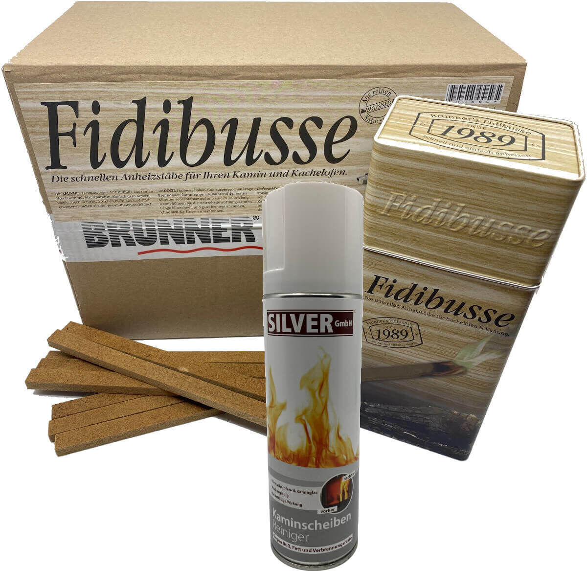 1x Fidibusse Großpackung 350 Stück + 1x Blechdose 50 Anzündern + 1x 300ml Kaminscheiben Reiniger von Brunner 1x Fidibusse Großpackung 350 Stück + 1x Blechdose 50 Anzündern + 1x 300ml Kaminscheiben Reiniger von Brunner