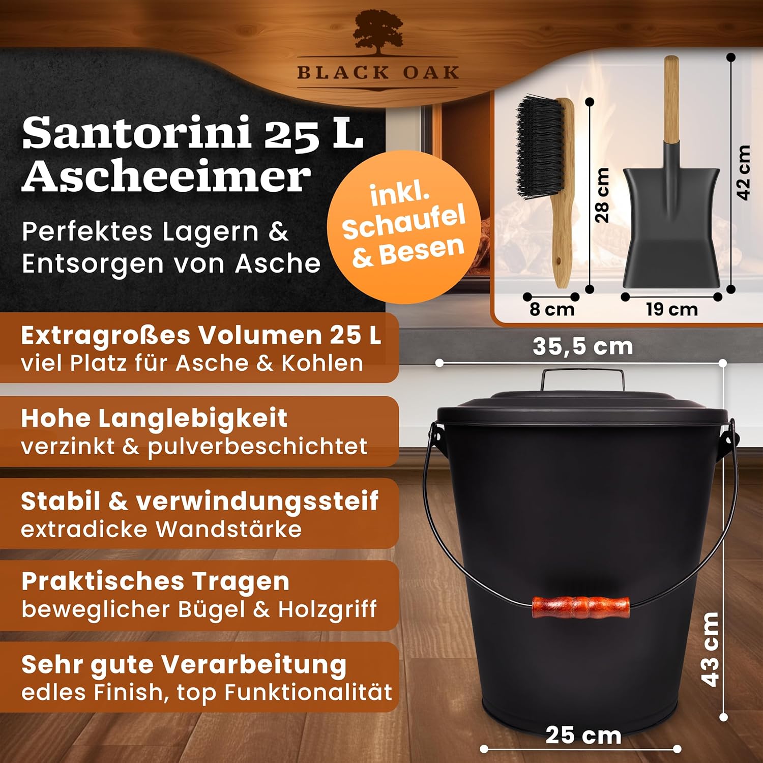 BLACK OAK Asche & Kohle Eimer SANTORINI 25 Liter mit Schaufel & Handfeger von BLACK OAK