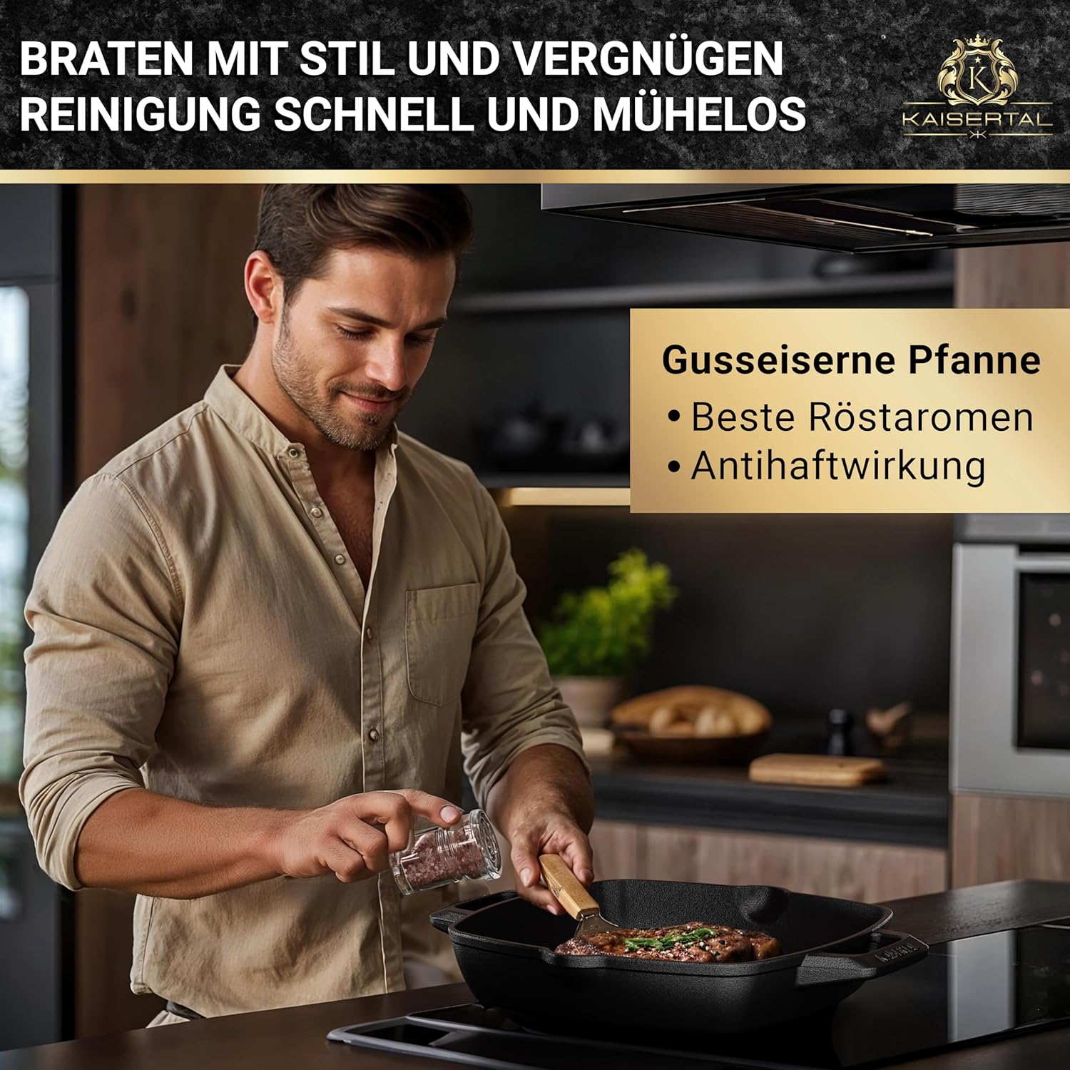 KAISERTAL Gusseisen Grillpfanne 26 cm Eingebrannt - Quadratisch mit Doppelgriff von KAISERTAL