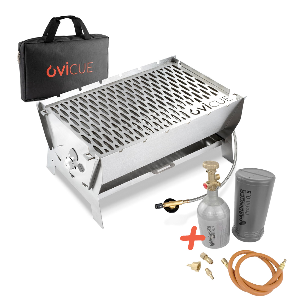 Ovicue Kompaktgrill mit 3,5 kW Leistung & Profill 0.5 Aluminium-Propanflasche - Flexibles und nachhaltiges Grillvergnügen für unterwegs