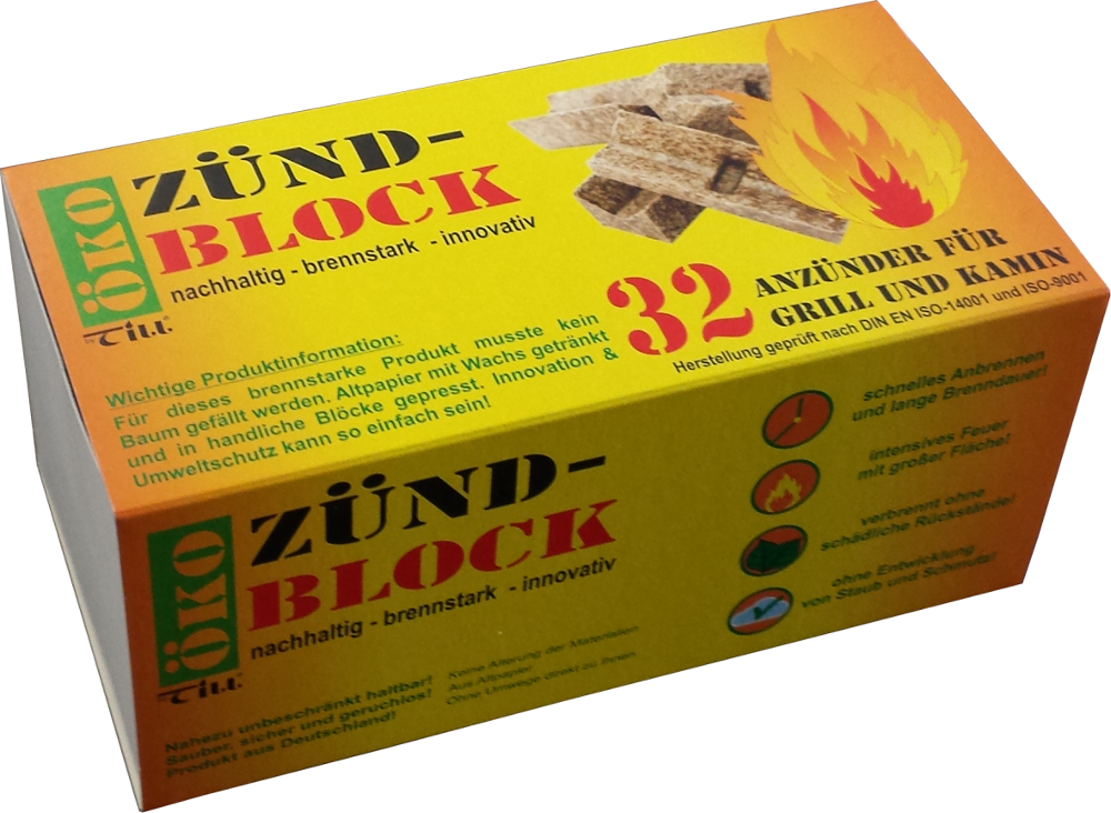 32x Zündblock Feueranzünder für Grill & Kamin ~ Umweltfreundlich aus recyceltem Altpapier und Wachs