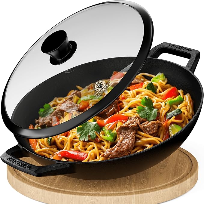 KAISERTAL Gusseisen Wok 33 cm Eingebrannt - mit Glasdeckel KAISERTAL Gusseisen Wok 33 cm Eingebrannt - mit Glasdeckel