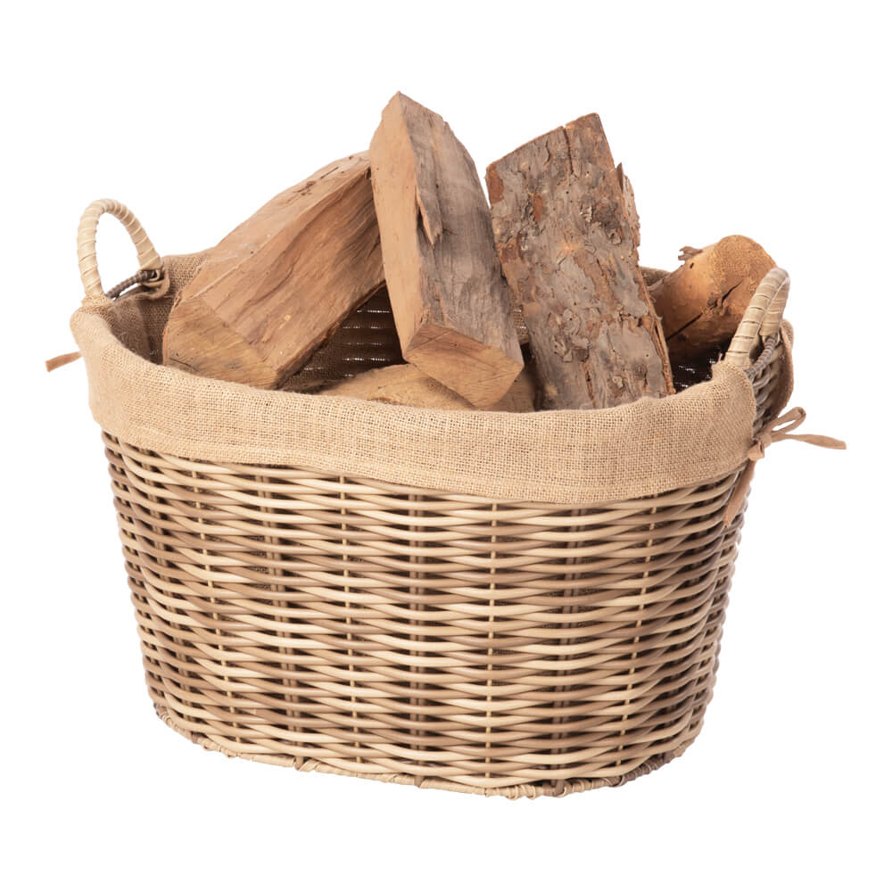 Kaminkorb - Holzkorb aus Polyrattan oval auf Metallgestell braun-beige inkl. Juteausschlag | Größe 1 von AS Kaminkorb - Holzkorb aus Polyrattan oval auf Metallgestell braun-beige inkl. Juteausschlag | Größe 1 von AS