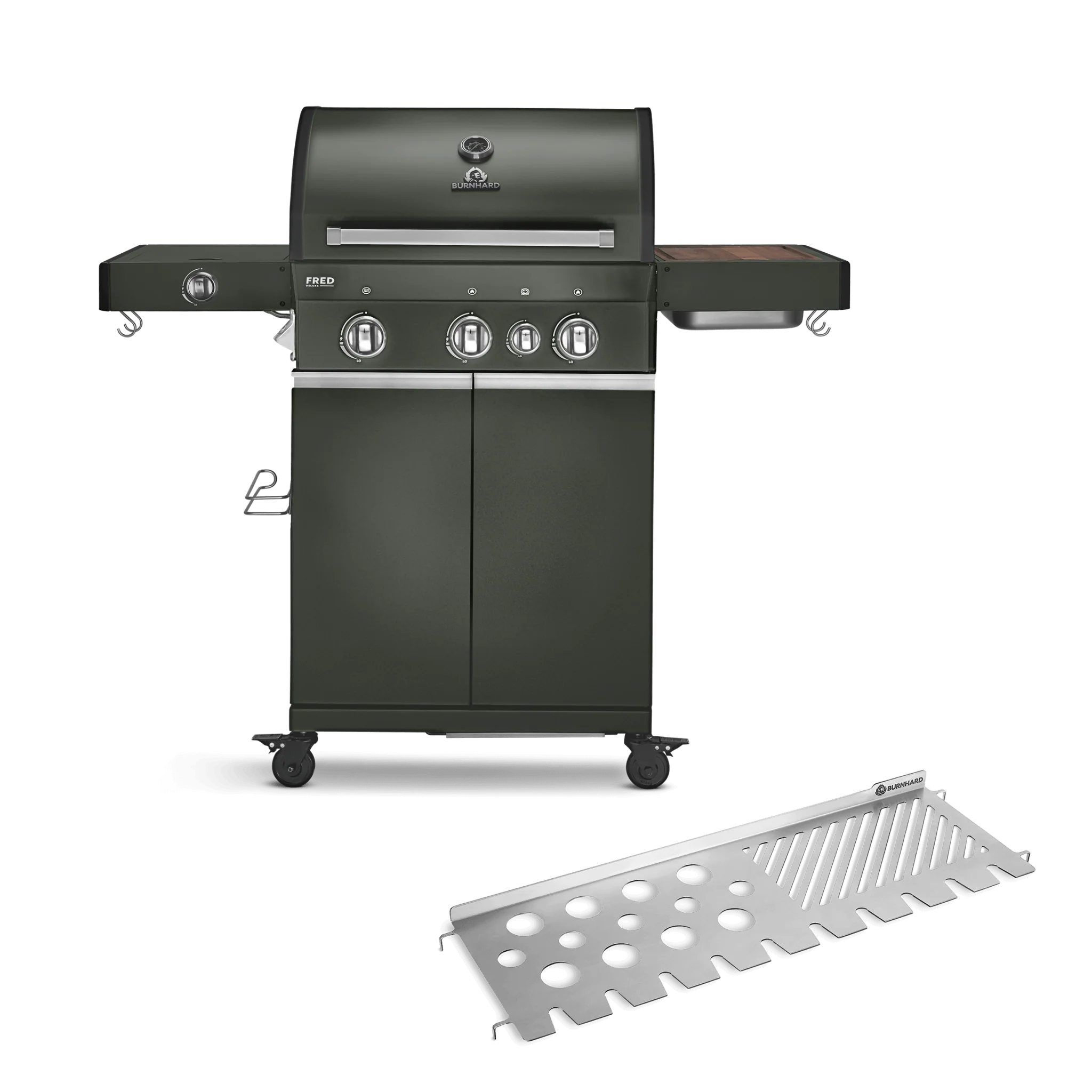 BURNHARD FRED Deluxe Gasgrill 3-Brenner in der Farbe Grün mit Edelstahlrost