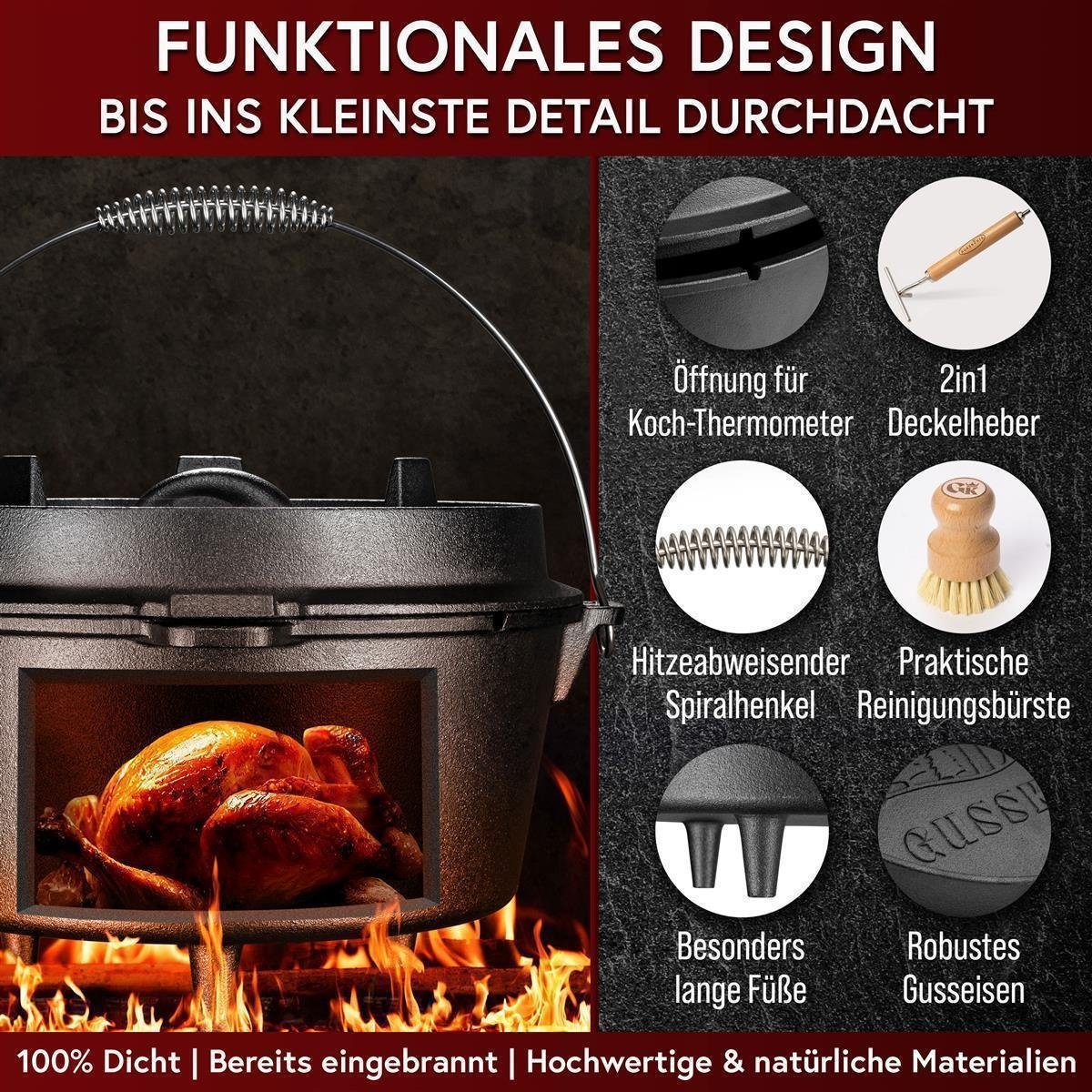 GUSSKÖNIG 4,5 Liter Dutch Oven Set mit Füßen | Eingebrannter Feuertopf | 2in1 Deckelheber | Bürste von GUSSKÖNIG