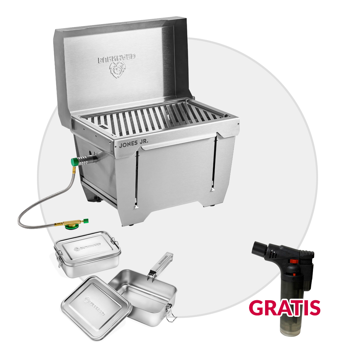 BURNHARD JONES Jr. Campinggrill 1-Brenner Mobiler Gasgrill + BURNHARD Kochgeschirr Set mit 2x 1,2 Liter