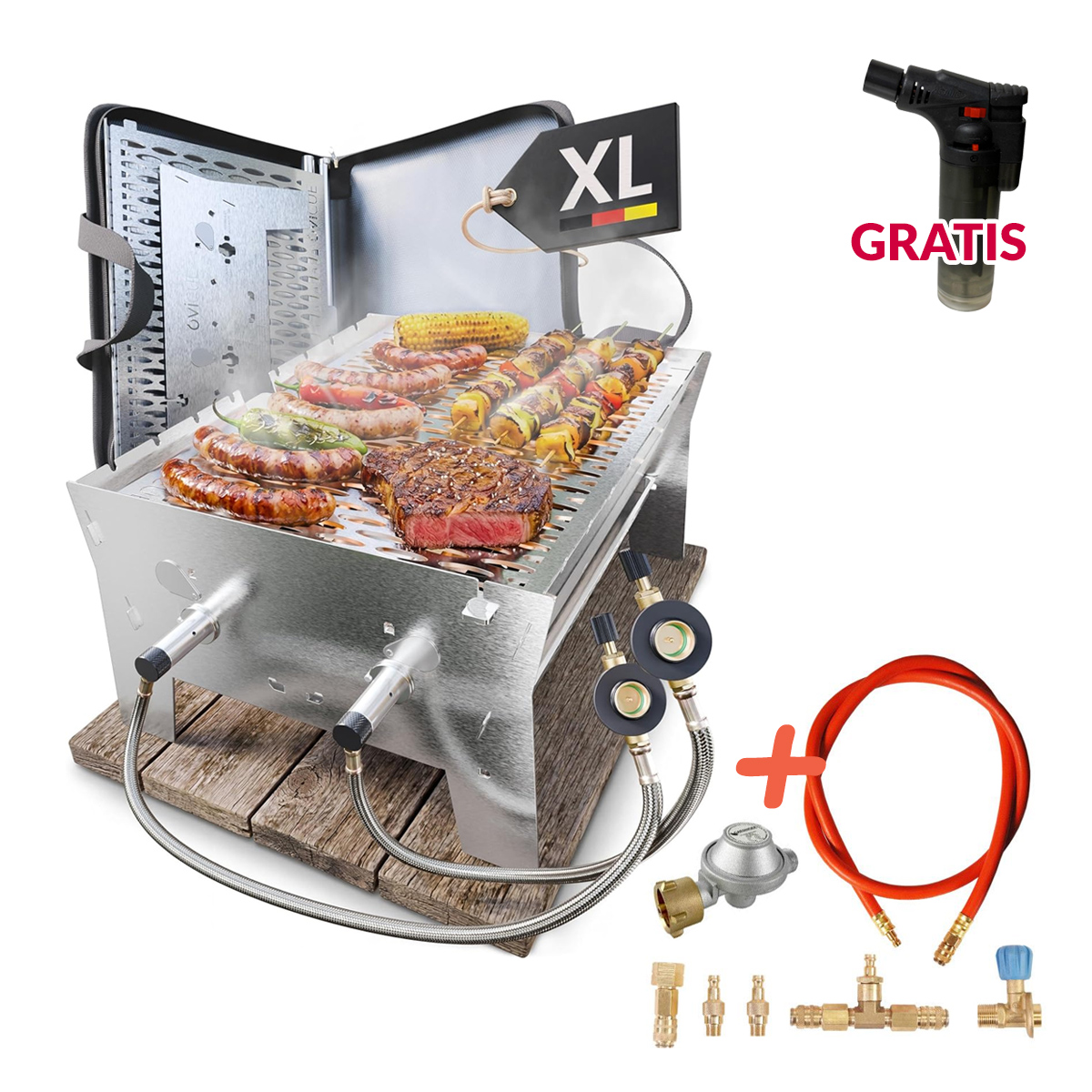 OVICUE Grill XL Set mit Anschlussset | Mobiler Gas und Holzkohlegrill aus Edelstahl inklusive Adapterschlauch für große Gasflaschen 330 × 410 × 205 mm von Ovibell