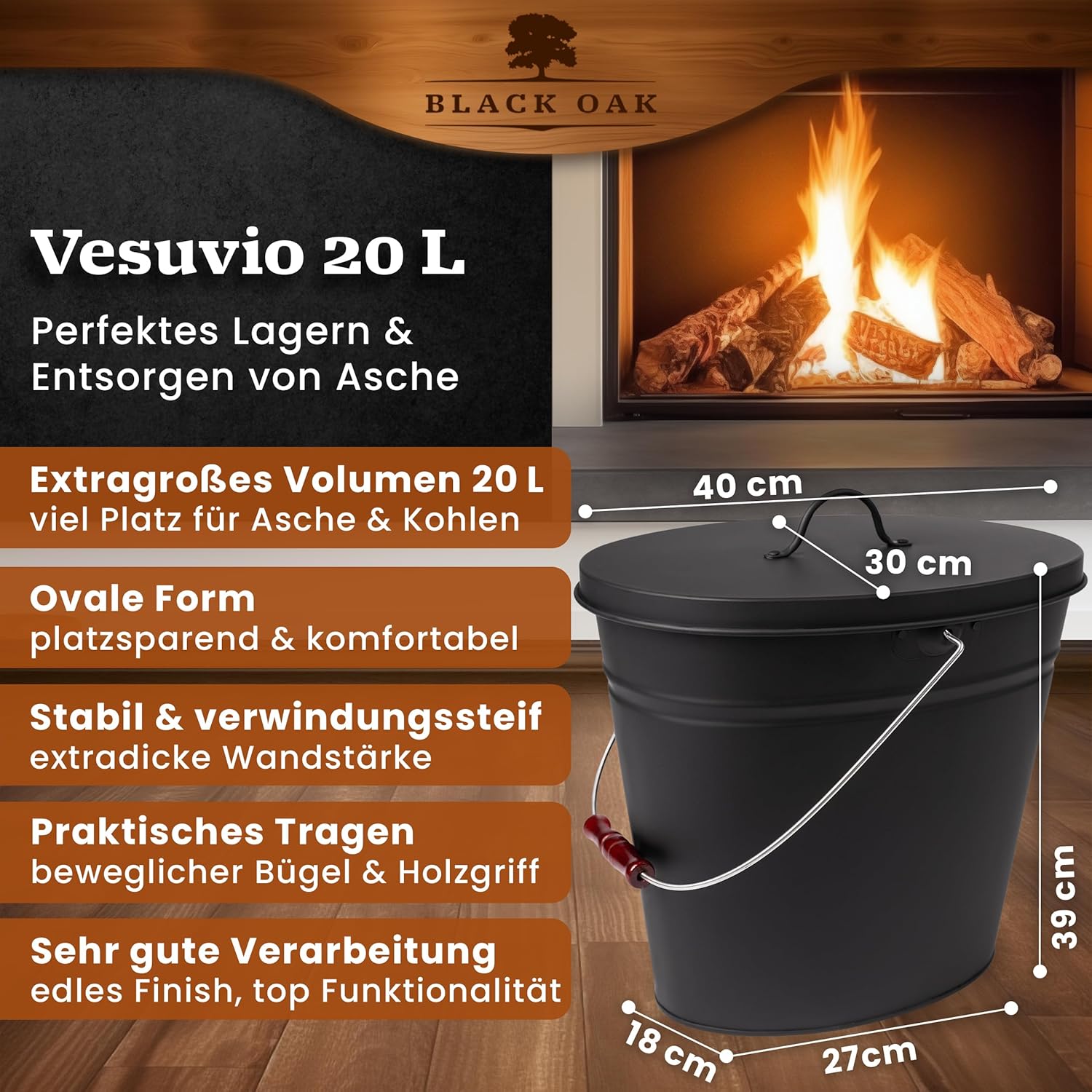 BLACK OAK Asche & Kohle Eimer Vesuvio schwarz 20 Liter von BLACK OAK