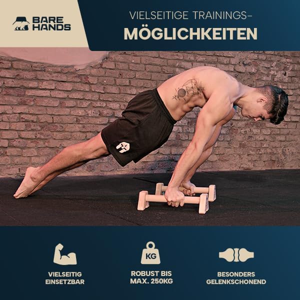BARE HANDS Liegestützgriffe Größe M aus hellem Holz rutschfest und gelenkschonend für Calisthenics Indoor und Outdoor von Bare Hands