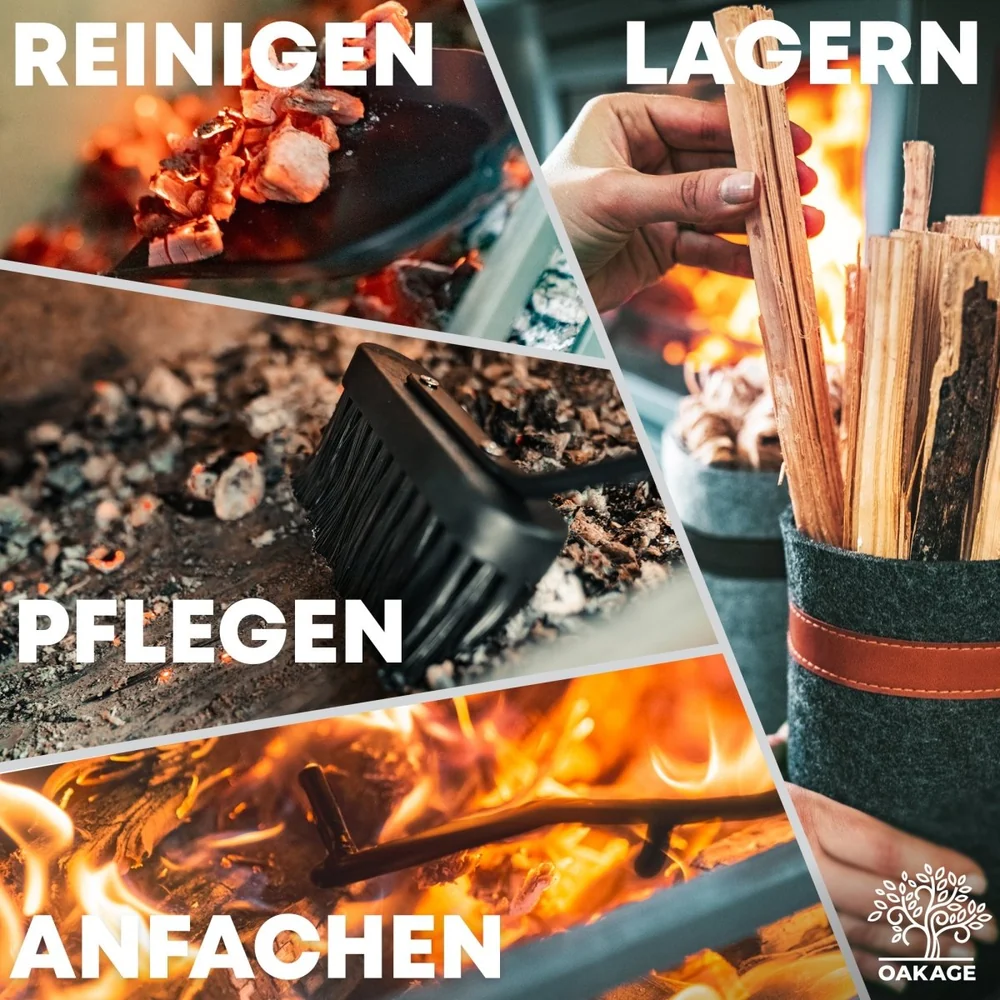 OAKAGE FireMaster Kaminbesteck  5-teilig mit Zündholzkorb Hellgrau und drehbarem Holzkern 20 x 20 x 58 cm