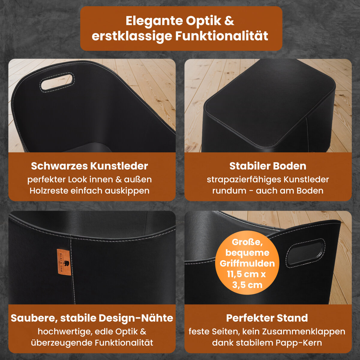 BLACK OAK DAKOTA XL 80L Holzkorb Kunstleder schwarz + Handschuhe grau