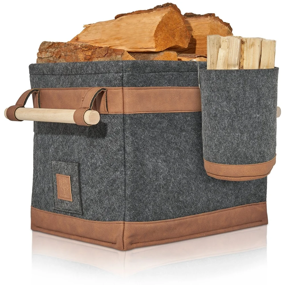 OAKAGE FireMaster Duo Holzkorb Dunkelgrau mit Zündholzkorb - Kaminholzkorb aus recyceltem Filz - 35x42x35cm von OAKAGE