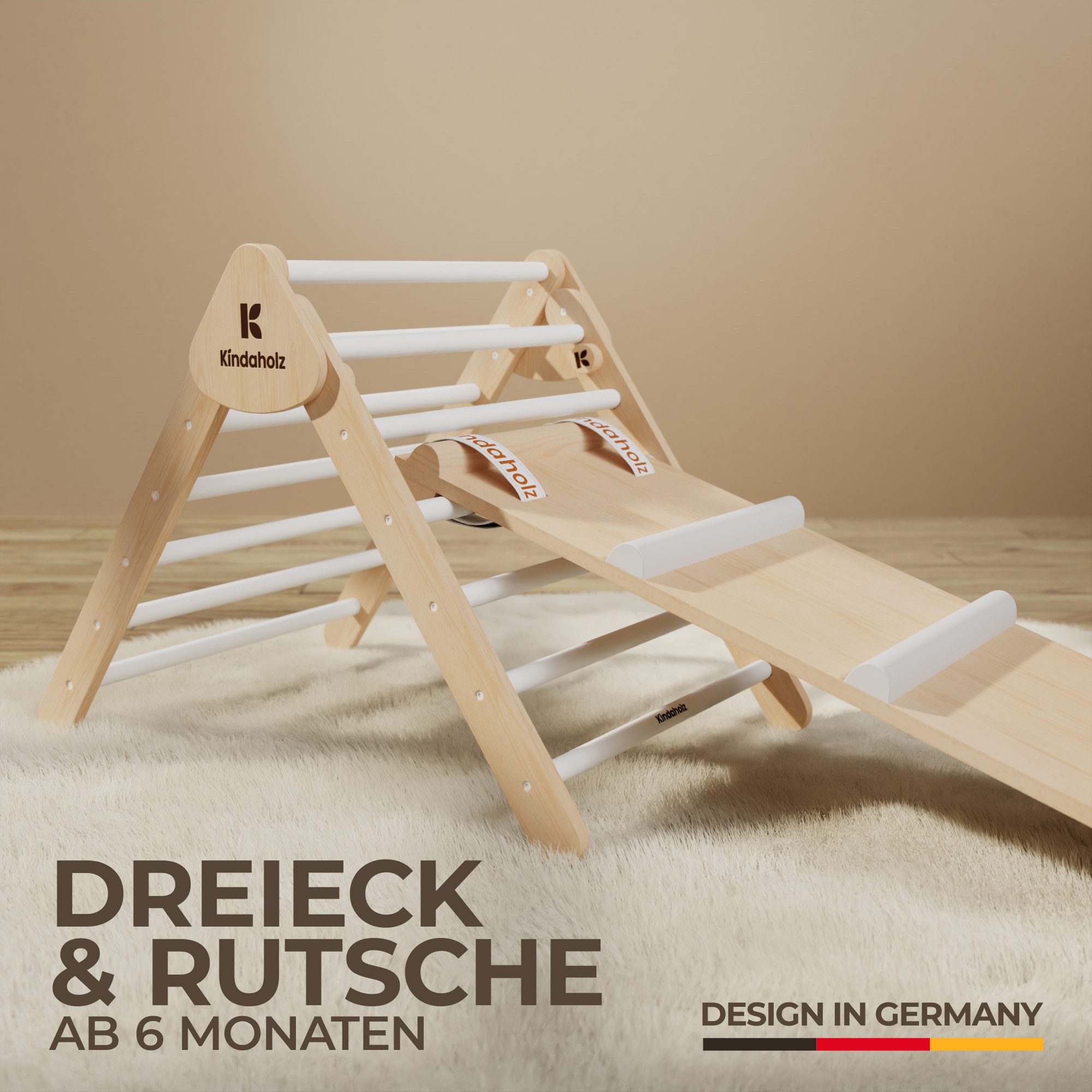Kindaholz SAMI Kletterdreieck mit MIKA Rutschrampe Weiß Indoor Kletterset aus FSC-Holz von Kindaholz