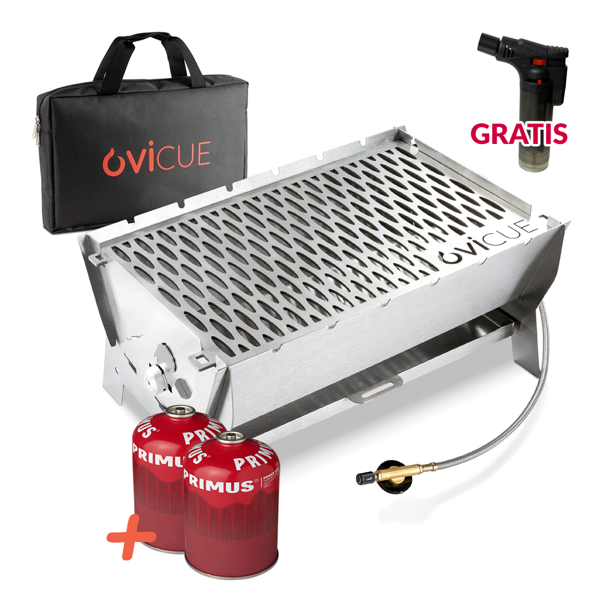Ovicue L Kompaktgrill Set - Mobiler Gasgrill mit 3,5 kW Leistung und 2 450g PRIMUS Gaskartuschen