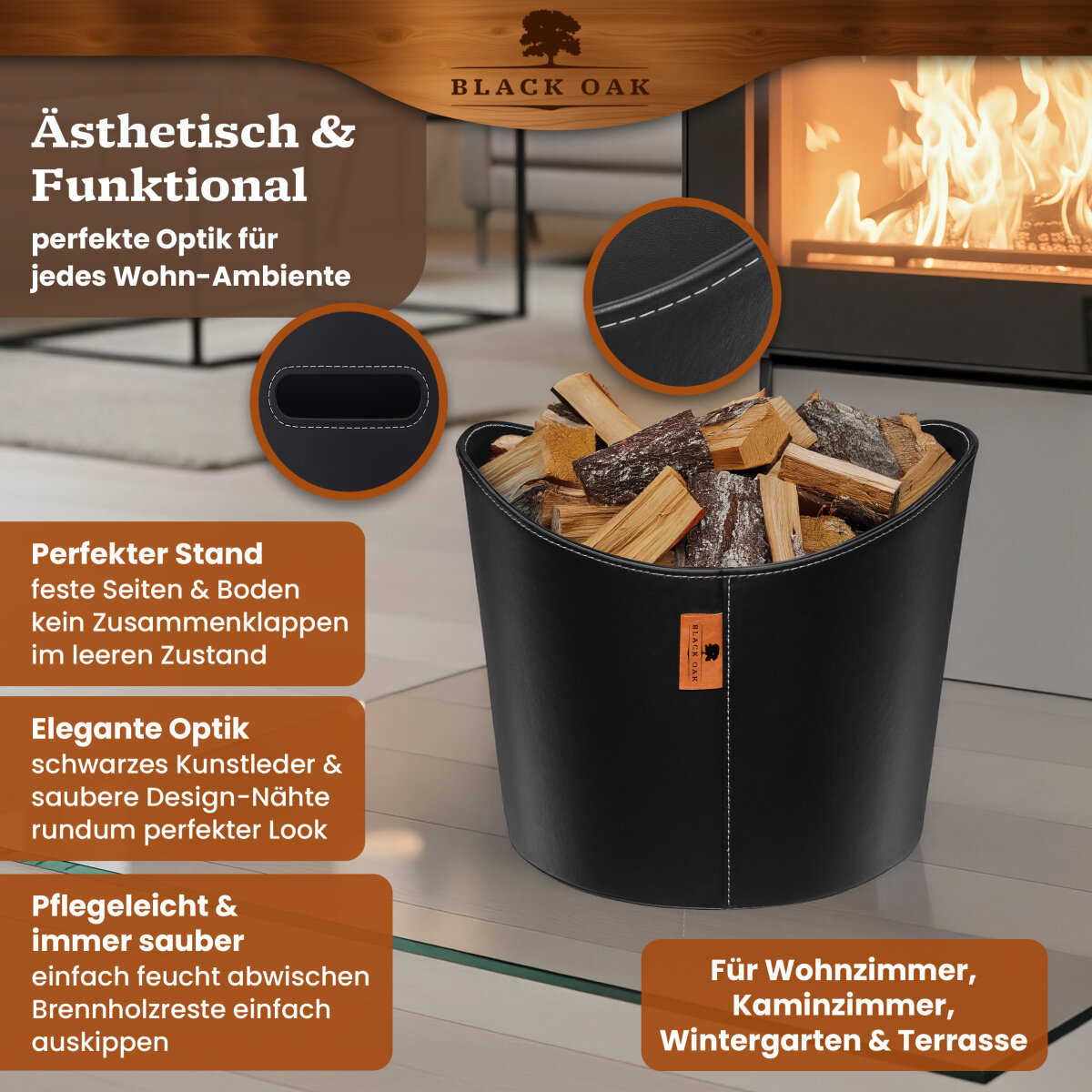 BLACK OAK DAKOTA L 40L Holzkorb Kunstleder schwarz + Handschuhe grau