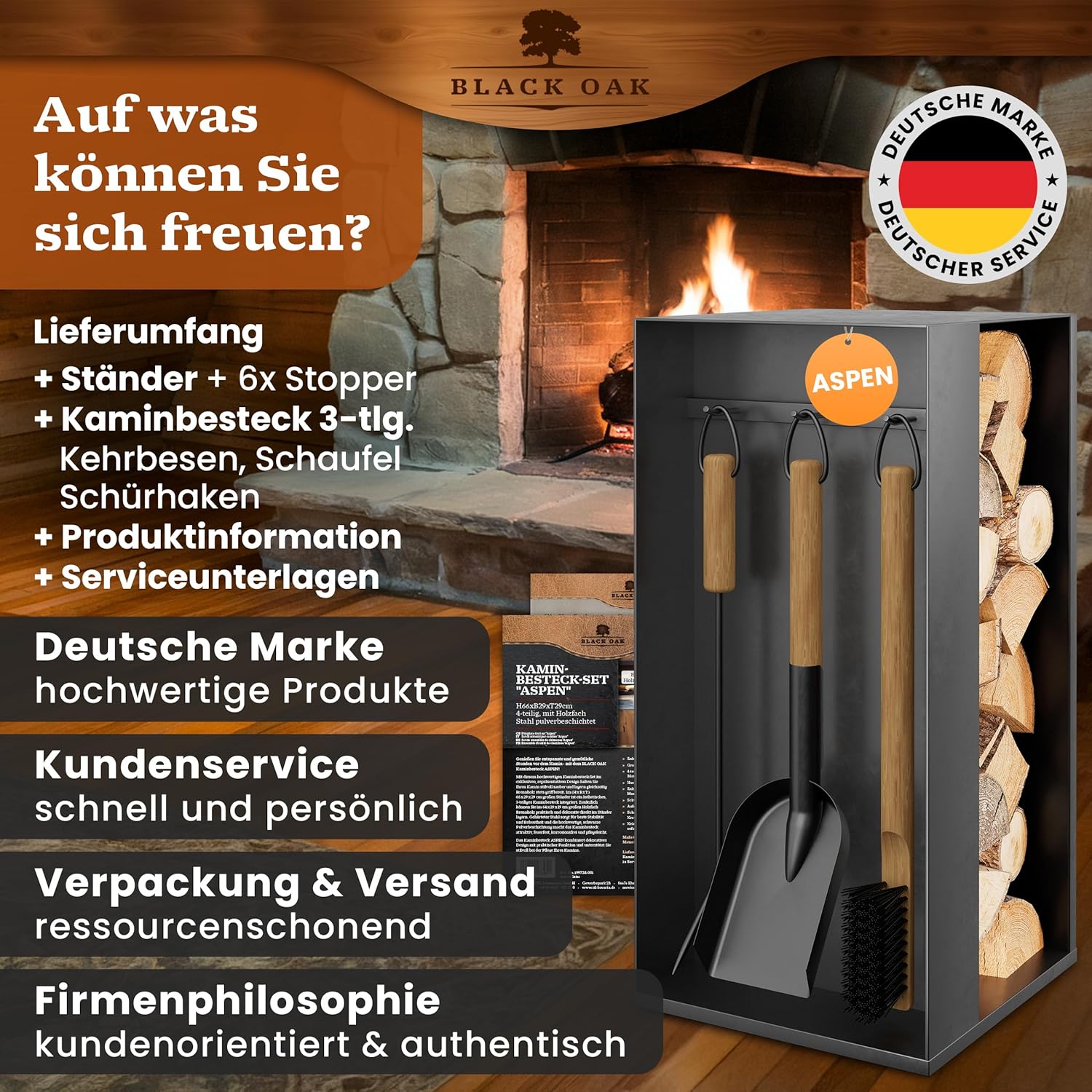 BLACK OAK Kaminbesteck Aspen 4-teilig schwarz mit Holzgriffen von BLACK OAK