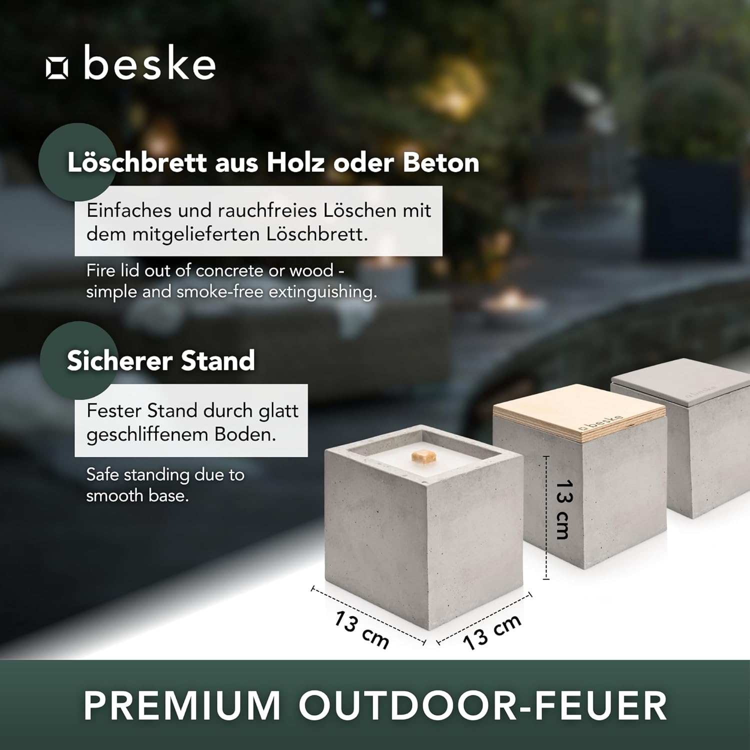 BESKE Betonfeuer Kea Outdoor 13x13x13cm inkl. Löschbrett - HANDARBEIT Made in Germany von Beske-Manufaktur