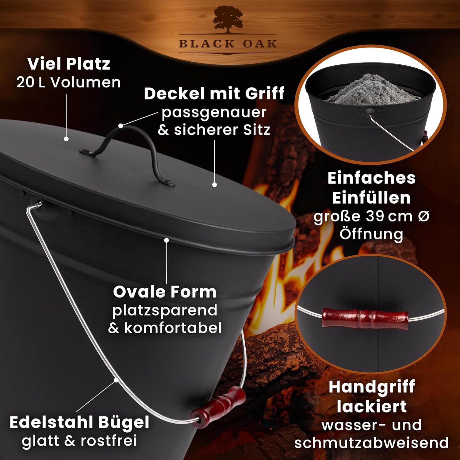 BLACK OAK Asche & Kohle Eimer Vesuvio schwarz 20 Liter von BLACK OAK