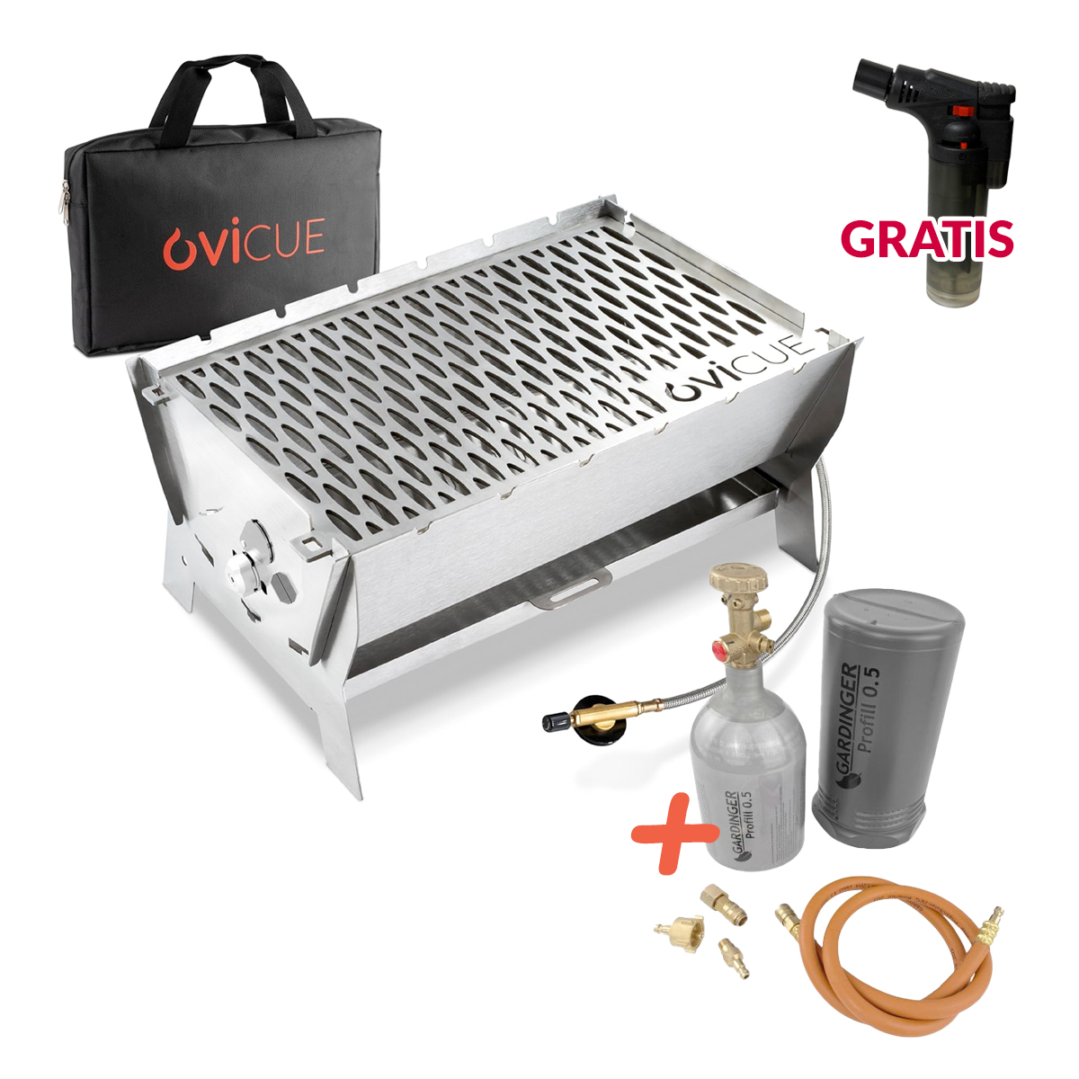 Ovicue L Kompaktgrill mit 3,5 kW Leistung & Profill 0.5 Aluminium-Propanflasche - Flexibles und nachhaltiges Grillvergnügen für unterwegs