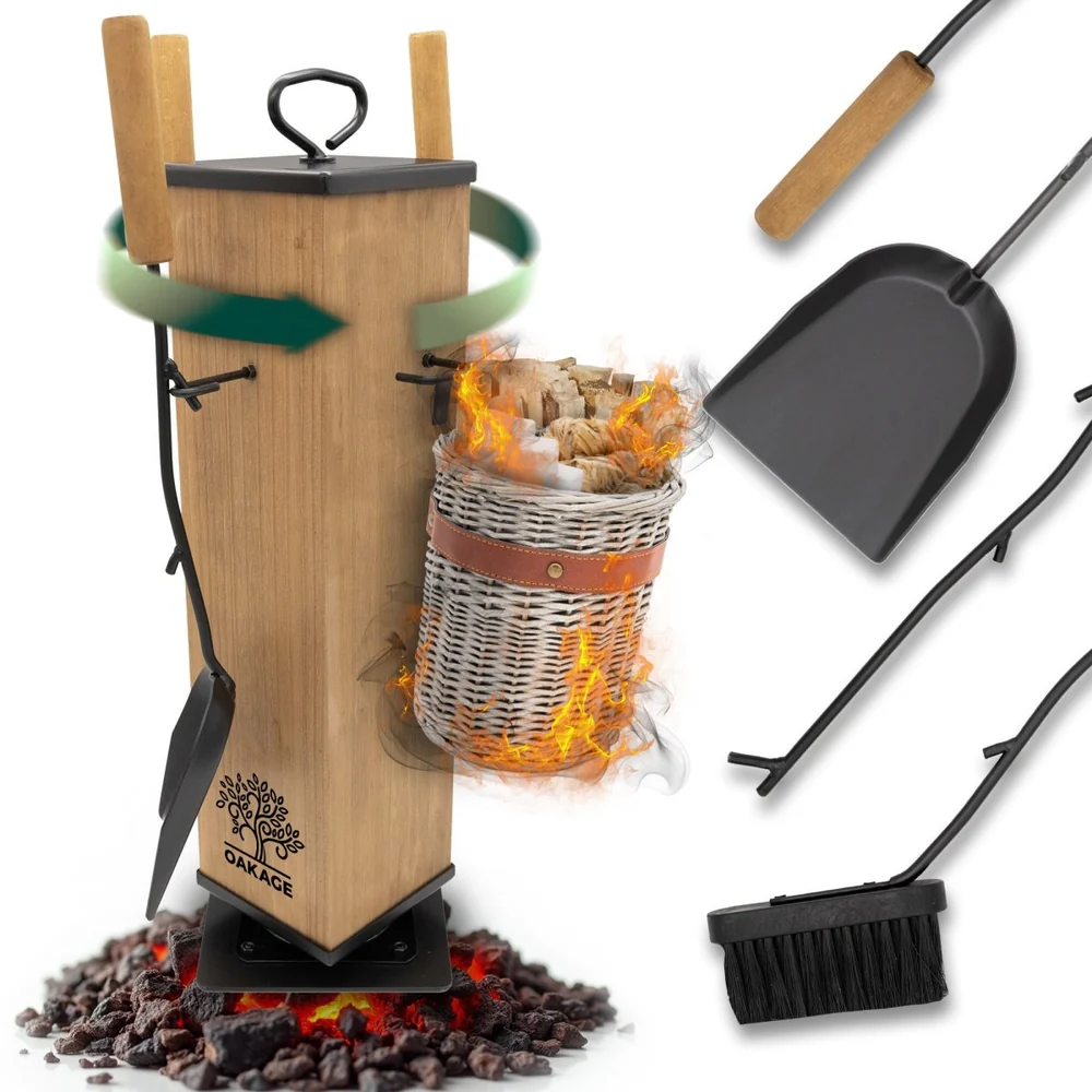OAKAGE Kaminbesteck WillowWrap - Hochwertiges 5-teiliges Set aus Eiche & Stahl