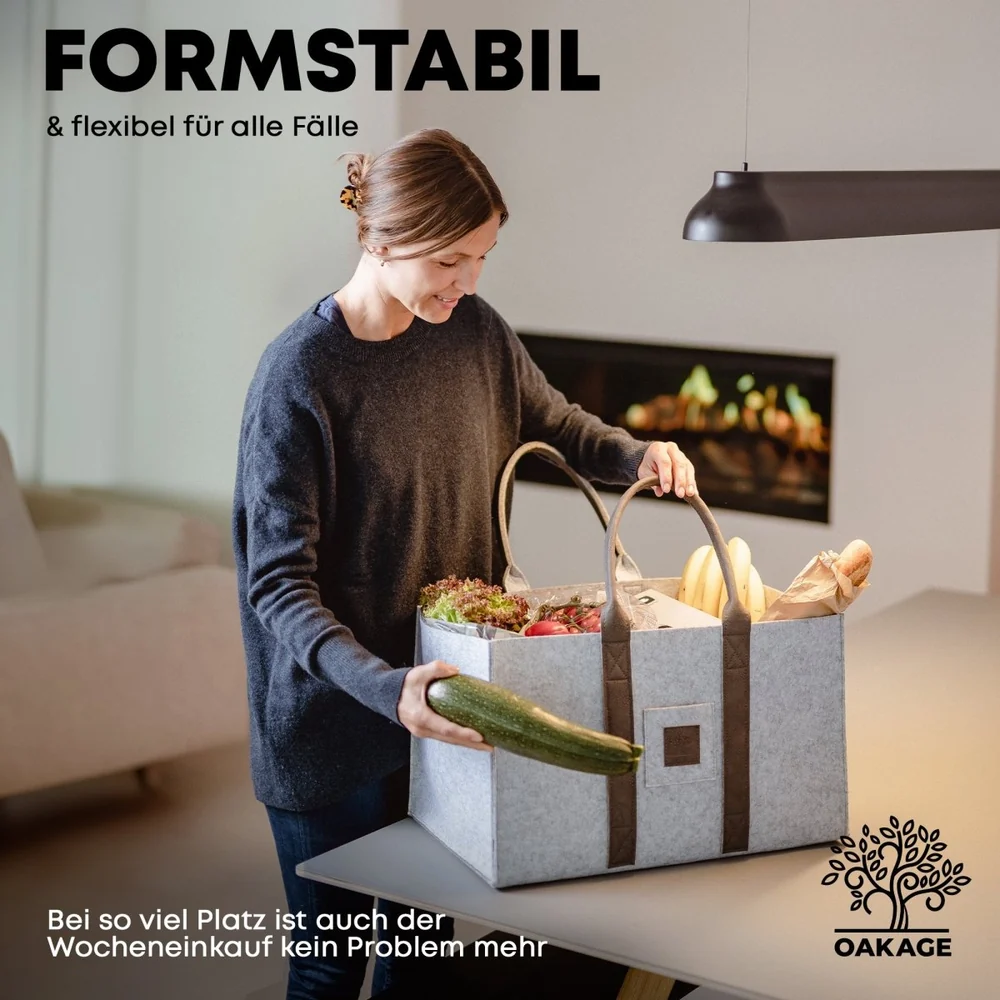 OAKAGE Holzkorb Filzshopper 2er Set Hellgrau aus recyceltem Filz 50 x 33 x 30 cm
