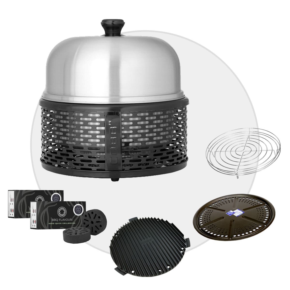 COBB PRO BLACK Holzkohle Grill inkl. Grillplatte ~ 5-teilig inkl. BBQ Flavour Quick Koko Briketts | SET 1 von Cobb