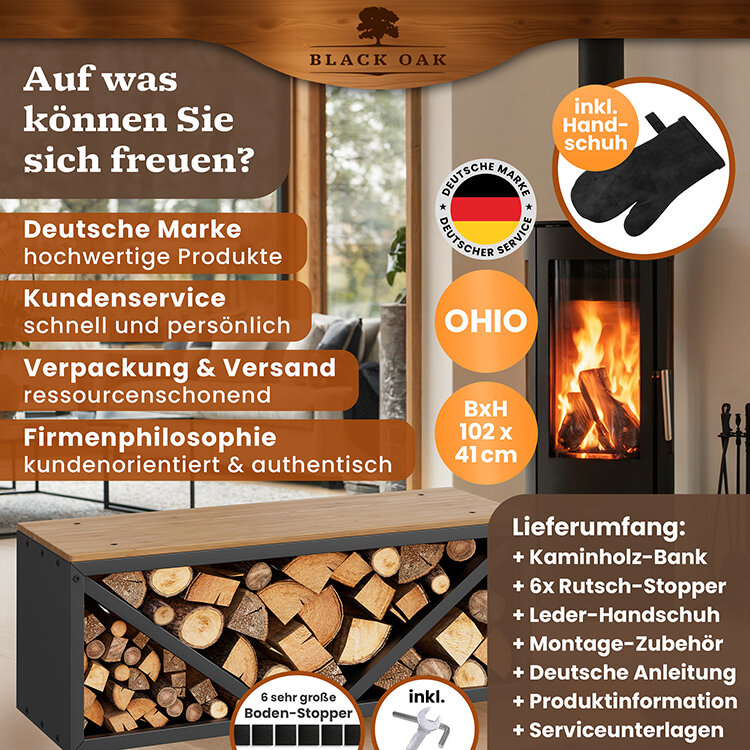 BLACK OAK Kaminholzbank Ohio schwarz matt bis 400kg - 102 × 41 × 35 cm inkl. Lederhandschuh von BLACK OAK