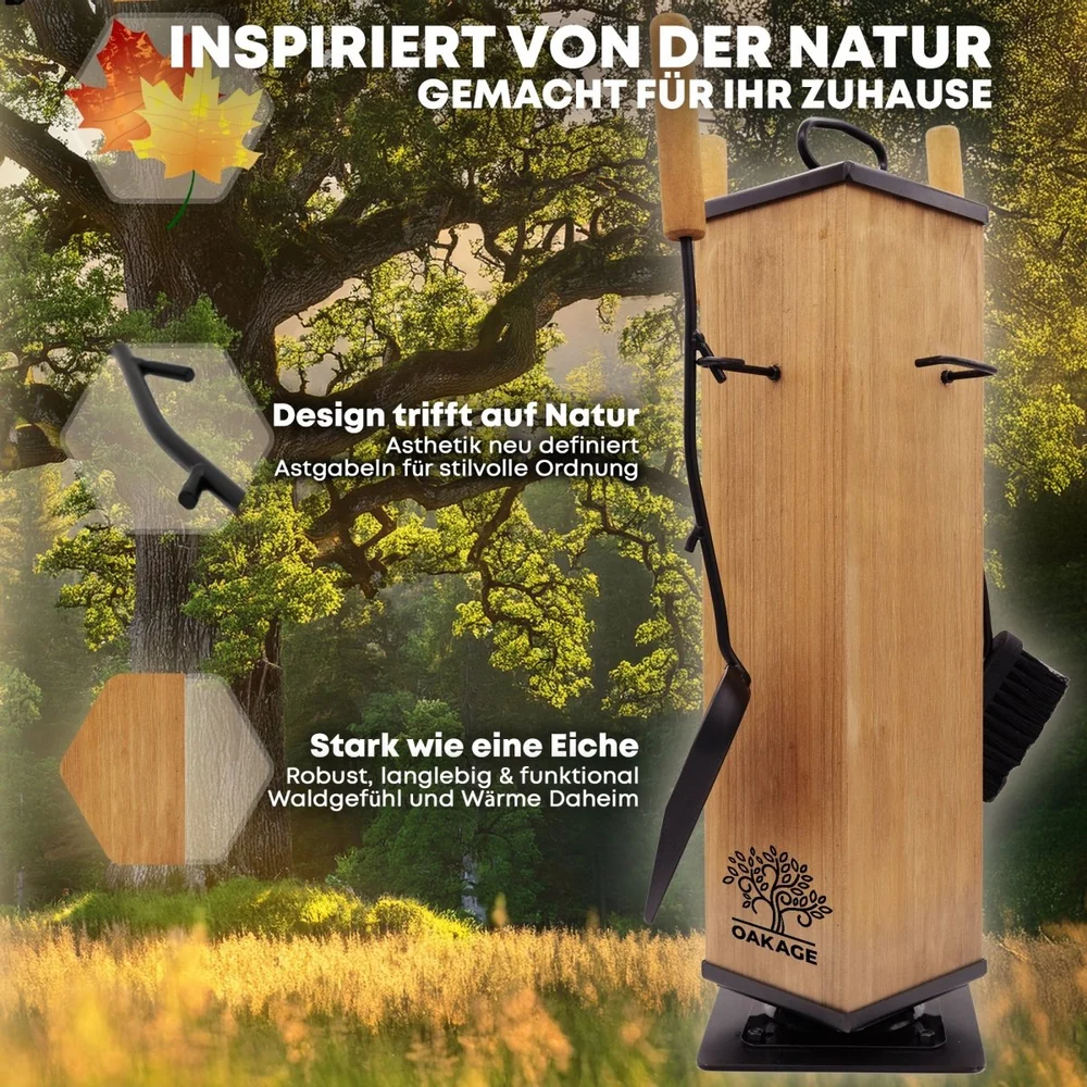 OAKAGE FireMaster Kaminbesteck  5-teilig mit Zündholzkorb Hellgrau und drehbarem Holzkern 20 x 20 x 58 cm