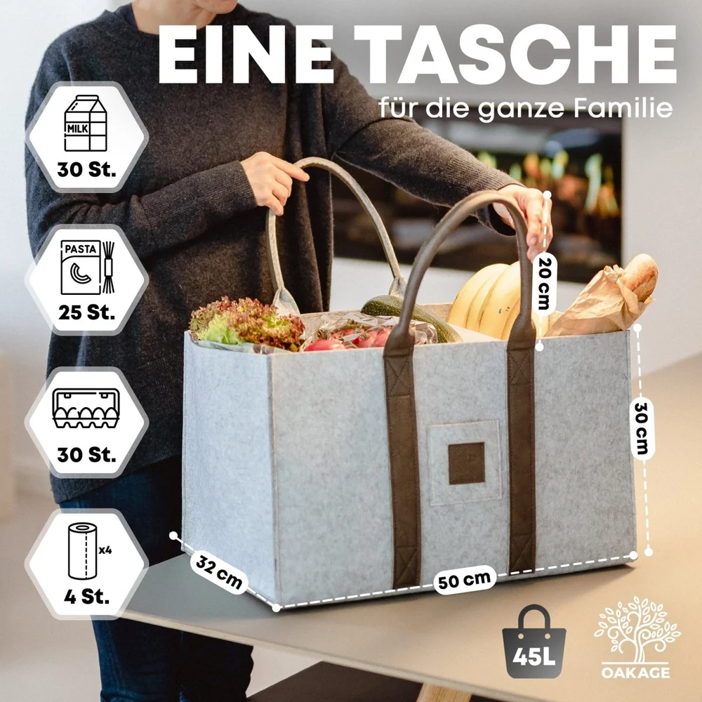 OAKAGE Holzkorb Filzshopper 2er Set Hellgrau aus recyceltem Filz 50 x 33 x 30 cm
