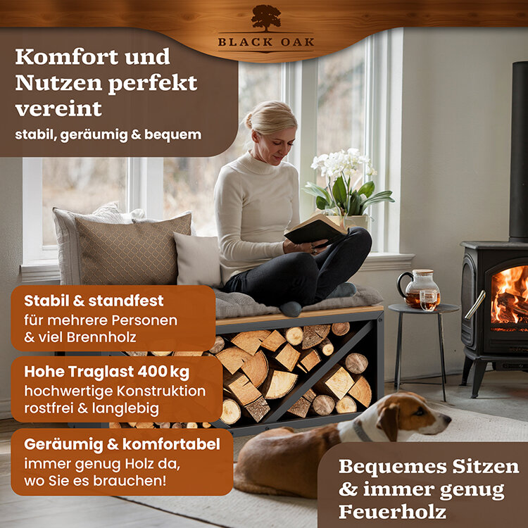 BLACK OAK Kaminholzbank Ohio schwarz matt bis 400kg - 102 × 41 × 35 cm inkl. Lederhandschuh von BLACK OAK