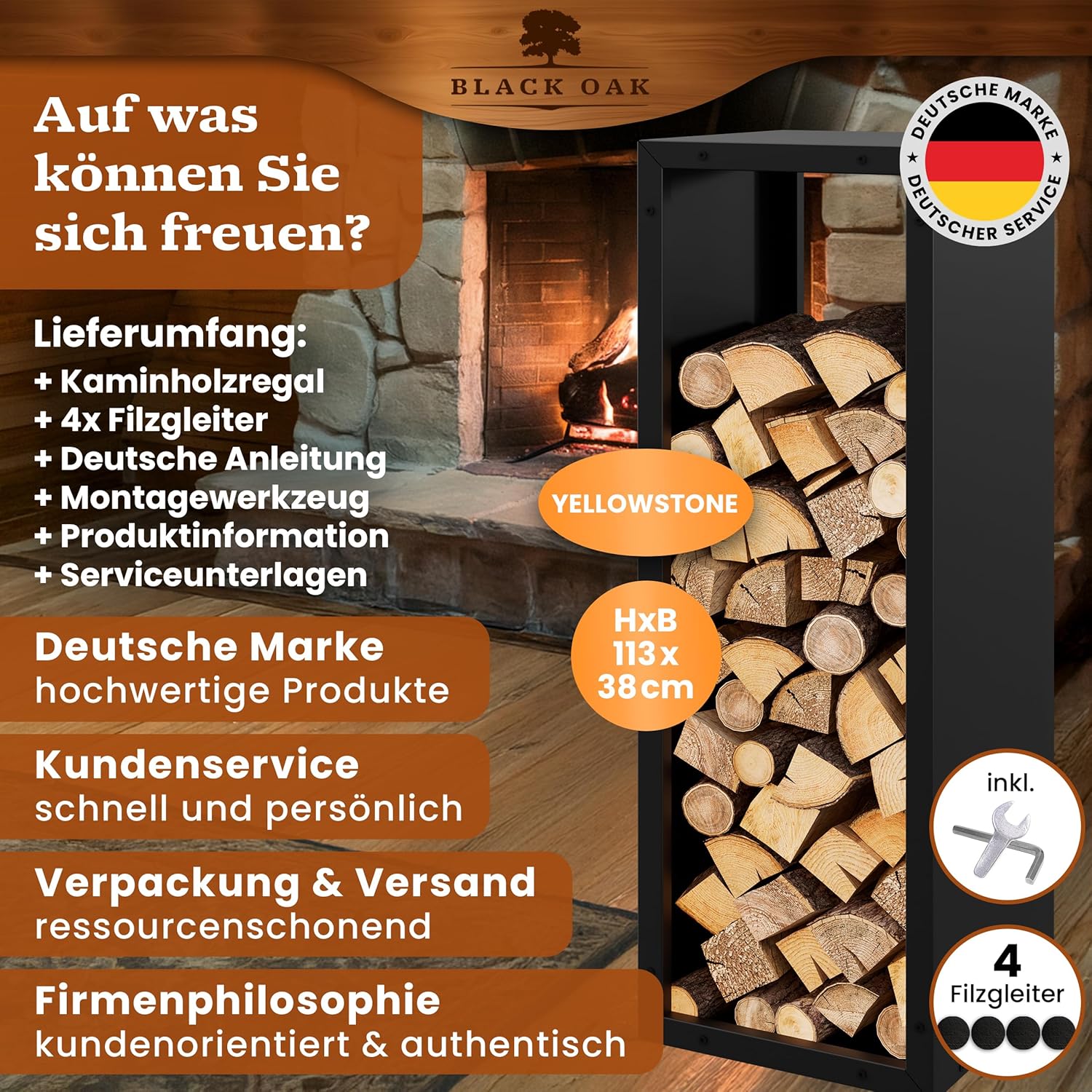 BLACK OAK Kaminholzregal Yellowstone schwarz matt bis 200kg - 113 × 38 × 35 cm von BLACK OAK