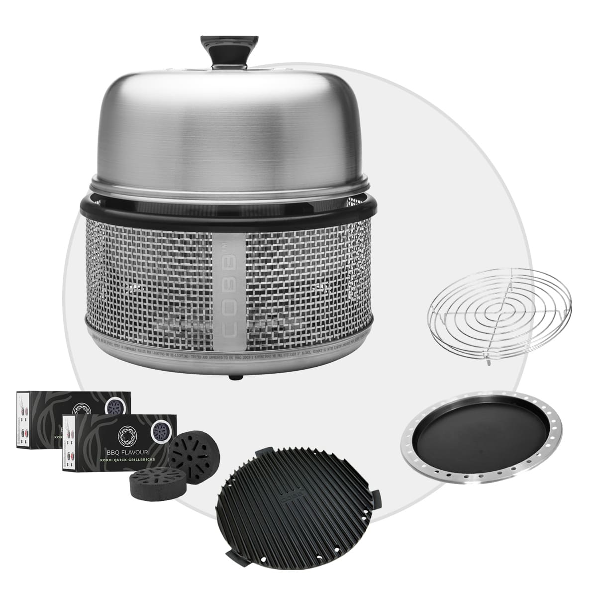 COBB Premier AIR DELUXE Grill inkl. Air Deckel & Griddle & Bratenrost & Pfanne & BBQ Flavour Quick Koko Briketts von Cobb