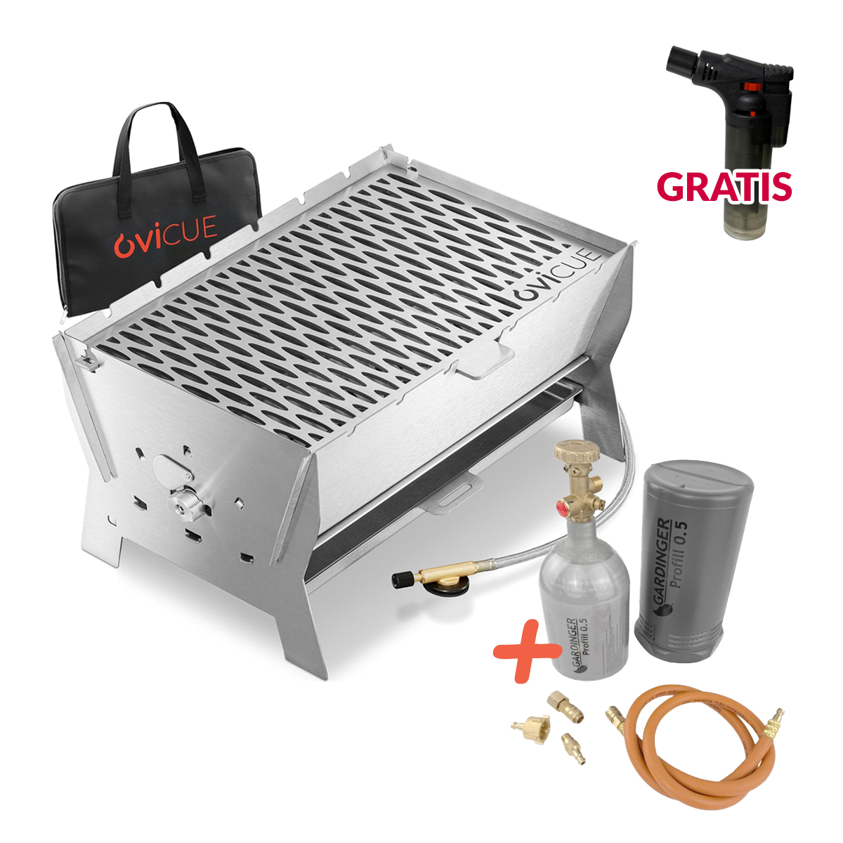 Ovicue L Kompaktgrill mit 3,5 kW Leistung & Profill 0.5 Aluminium-Propanflasche - Flexibles und nachhaltiges Grillvergnügen für unterwegs