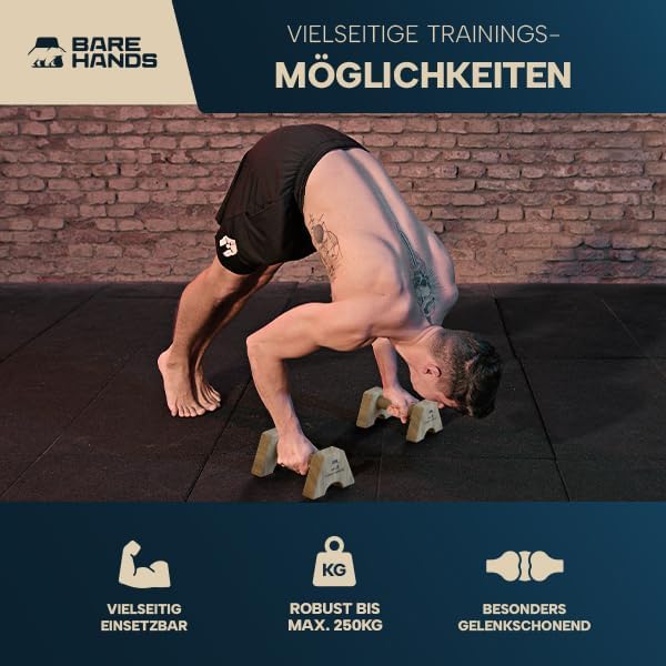 BARE HANDS 2x Liegestützgriffe Größe S aus dunklem Holz gelenksschonend rutschfest für Calisthenics Indoor und Outdoor ideal für Liegestütze und Handstand von BARE HANDS