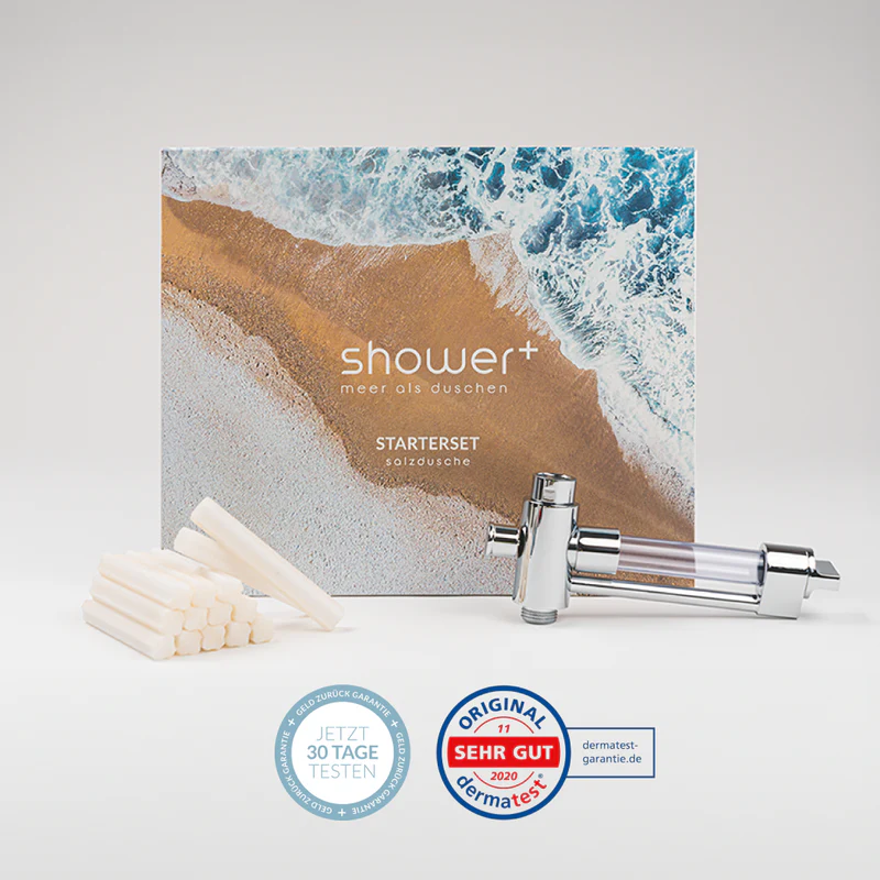 Starterset Salzdusche mit Base+ und 14 PURE Salz Sticks aus naturreinem Meersalz - Made in Germany