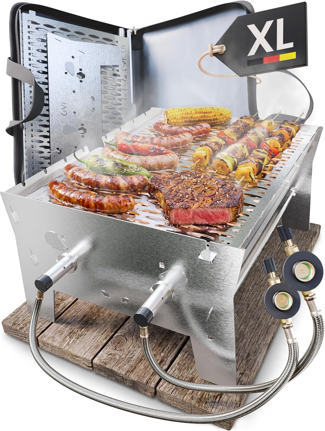OVICUE Grill XL mit 2x PRIMUS Power Gas 450 g | Mobiler Gas und Holzkohlegrill 330 × 410 × 205 mm von Ovibell