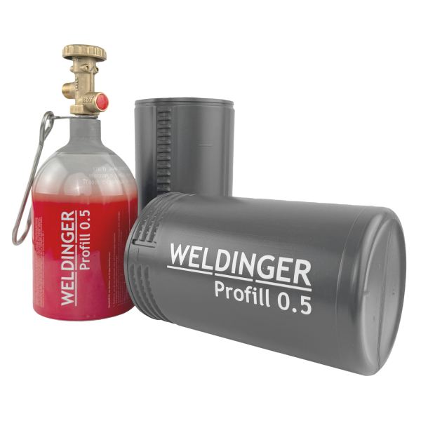 WELDINGER befüllbare Aluminium-Propanflasche Profill 0.5 inkl. Umfüllschlauch, Schnellkupplungen und Haken zum Einhängen von HUW24