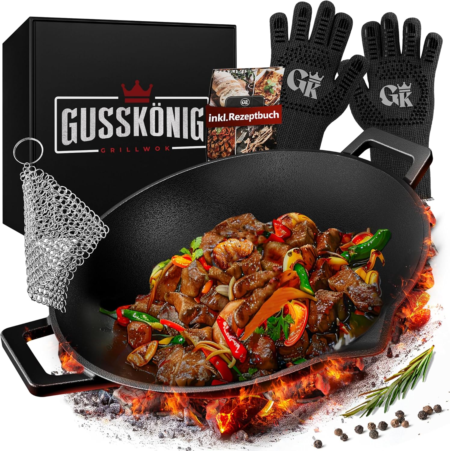 GUSSKÖNIG Gusseisen Wok Pfanne - 36 cm robuste Wokpfanne inklusive Edelstahl Ringreiniger & Grillhandschuhe GUSSKÖNIG Gusseisen Wok Pfanne - 36 cm robuste Wokpfanne inklusive Edelstahl Ringreiniger & Grillhandschuhe