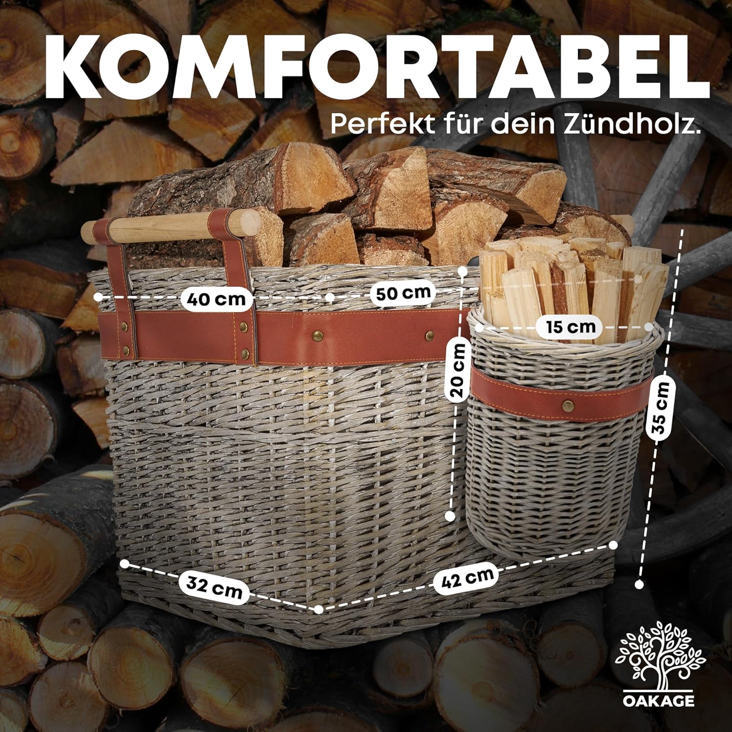 OAKAGE WillowWrap Holzkorb inkl. Zündholzkorb Weide - mit ausreißsicheren Holzgriffen - 50x40x35cm  von OAKAGE
