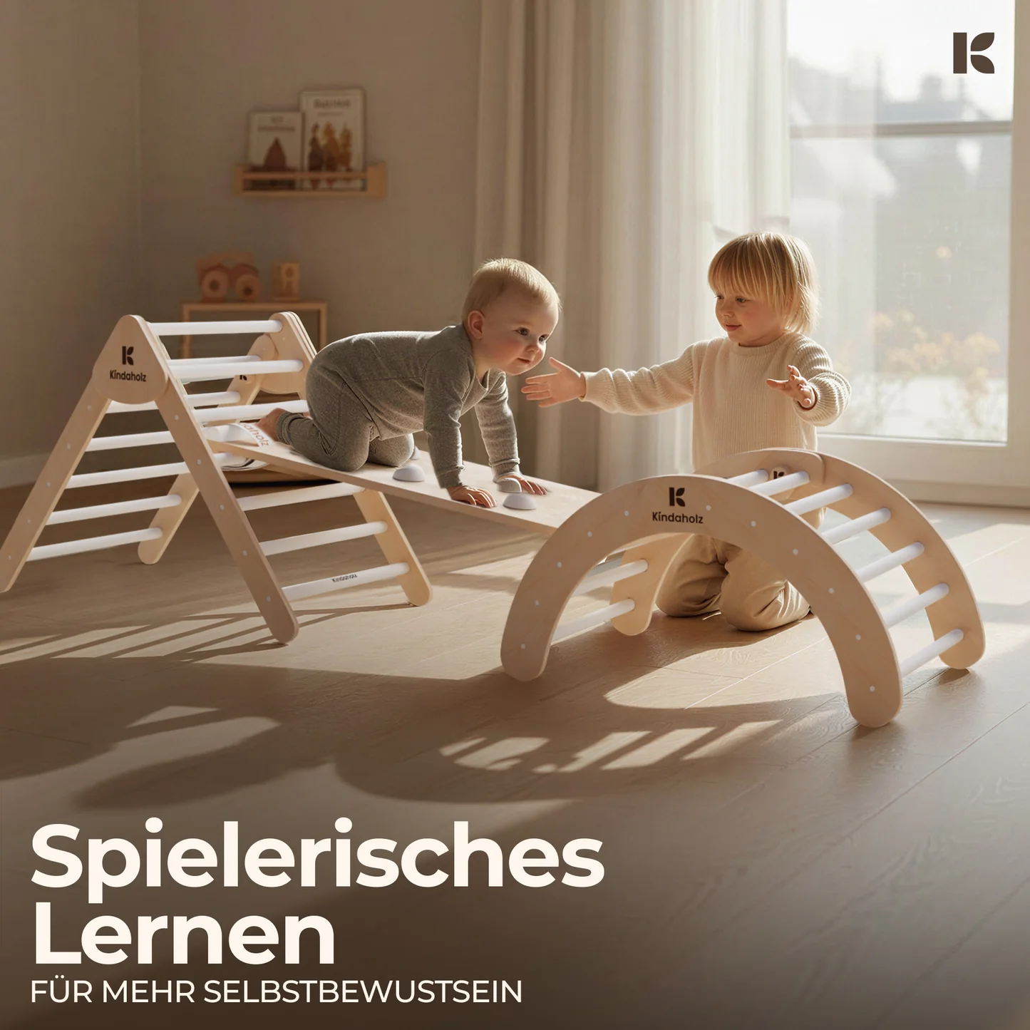 Kindaholz SAMI Kletterdreieck mit NINA Kletterbogen und NOAH Rutschrampe Weiß Indoor Kletterset aus FSC Holz von Kindaholz