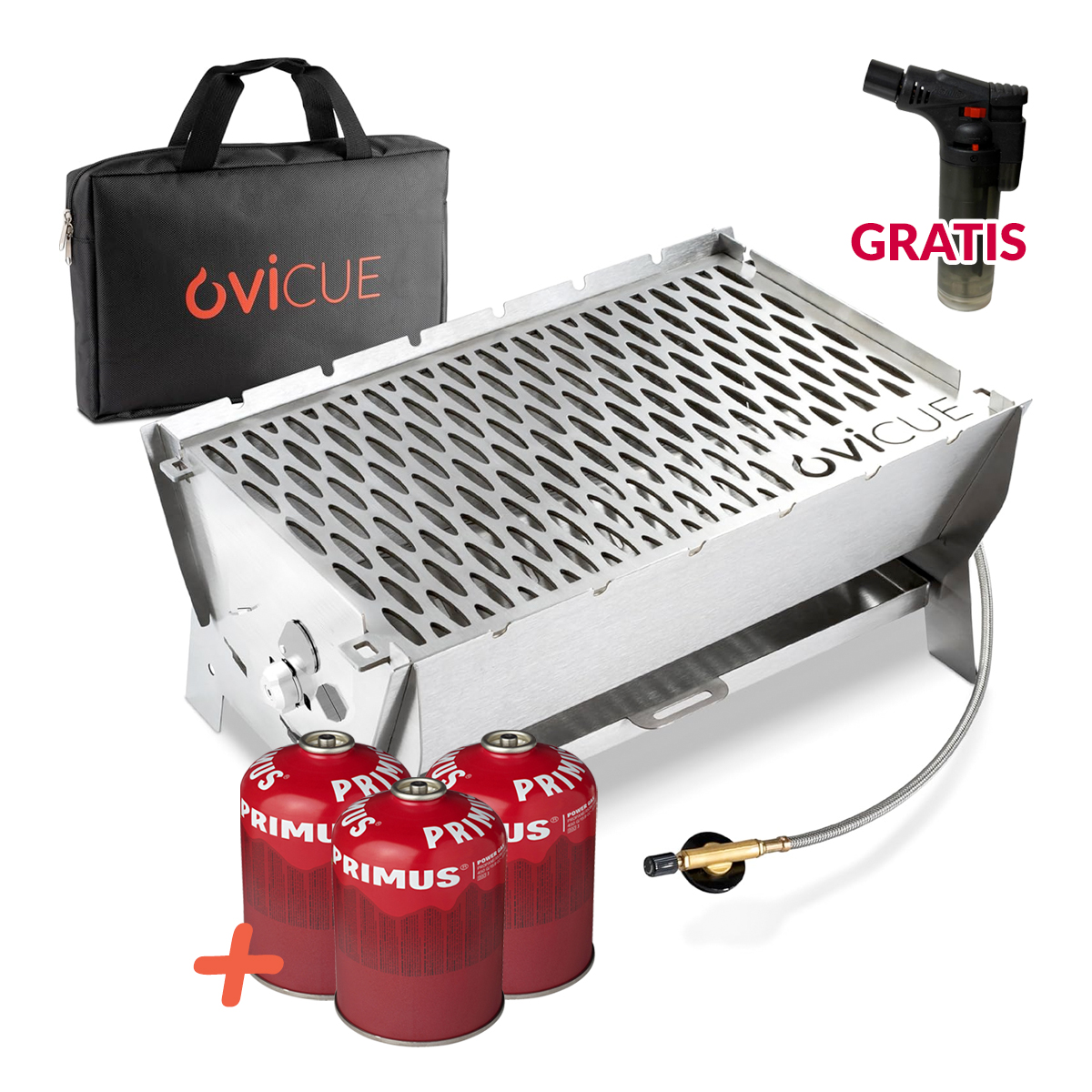 Ovicue L Kompaktgrill Set - Mobiler Gasgrill mit 3,5 kW Leistung und 3 PRIMUS 450g Gaskartuschen