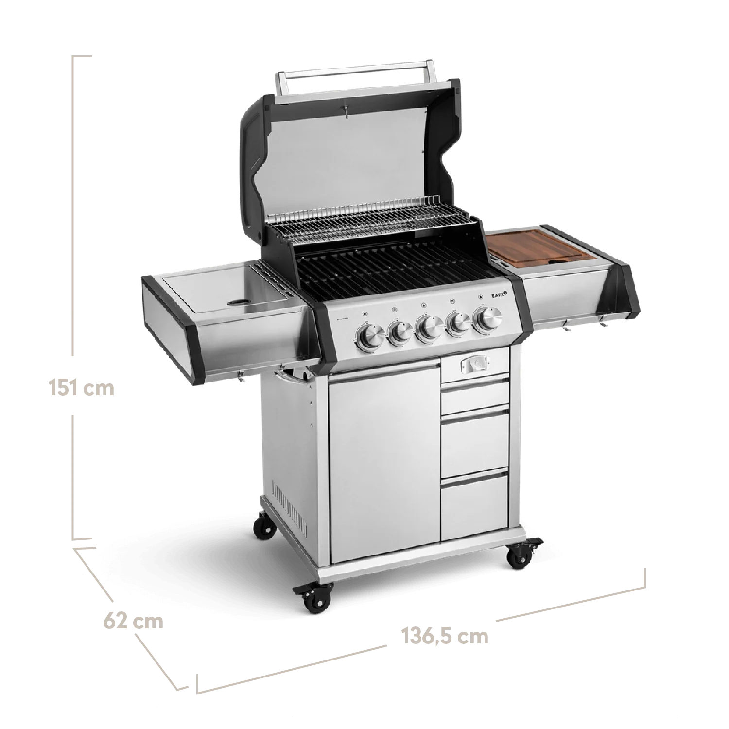 BURNHARD EARL Premium-Gasgrill 3-Brenner in der Farbe Edelstahl mit Gusseisenrost von BURNHARD