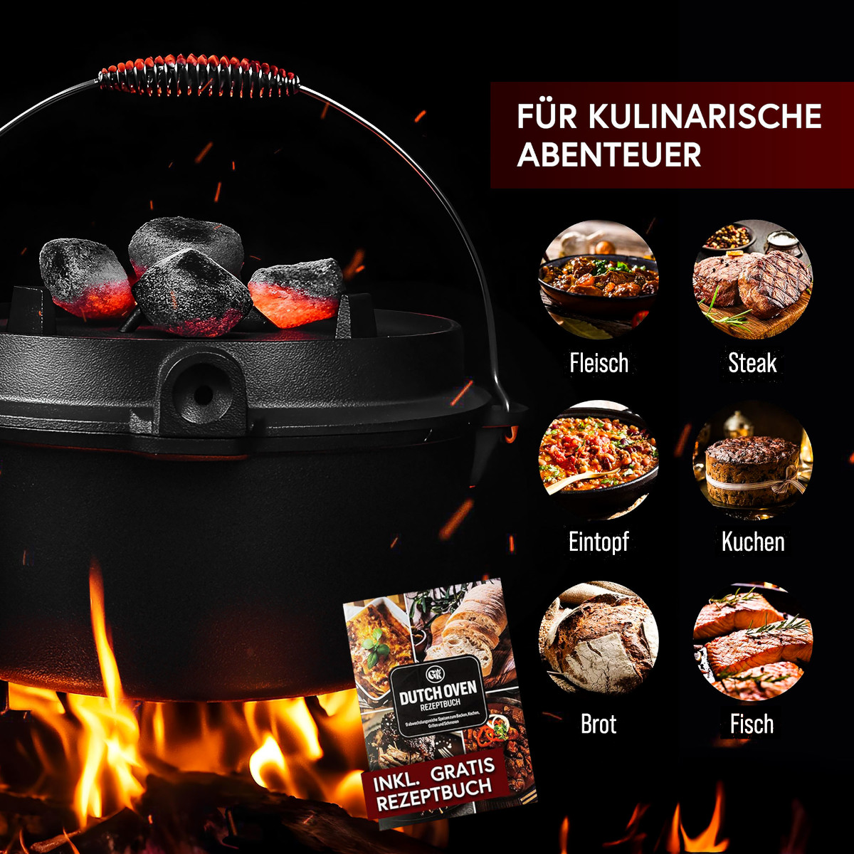 GUSSKÖNIG 9 Liter Dutch Oven Set ohne Füße mit 2in1 Deckelheber von GUSSKÖNIG