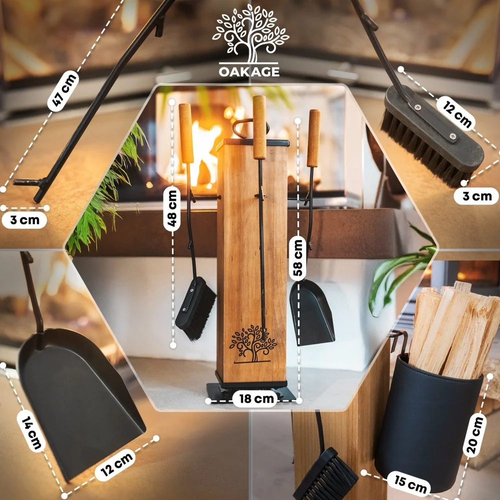 OAKAGE LuxeLeather Kaminbesteck, 5-teilig mit Zündholzkorb aus Buchenholz und Stahl, drehbar