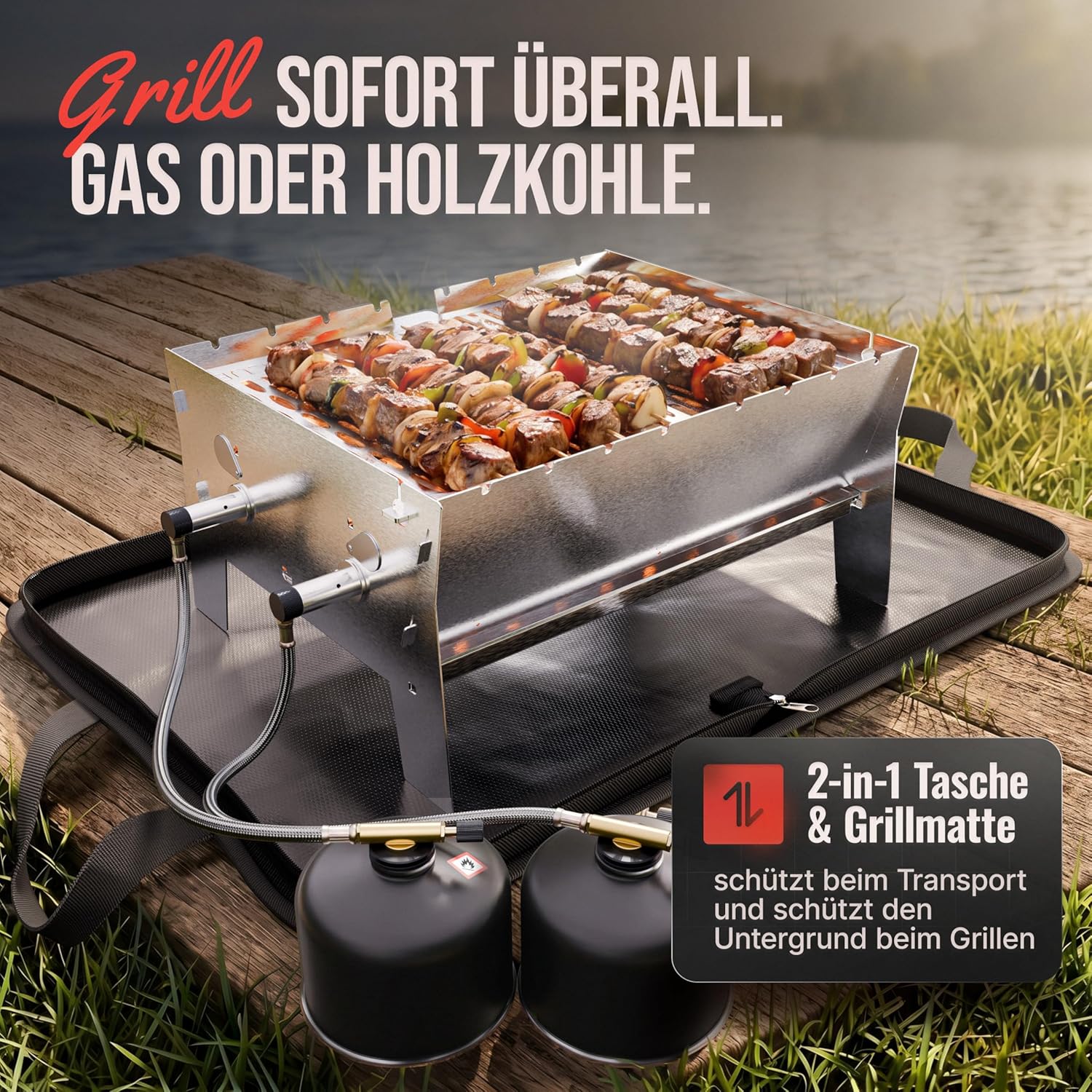 OVICUE Grill XL - Mobiler Gas- und Holzkohlegrill aus Edelstahl 330 × 410 × 205 mm von Ovibell